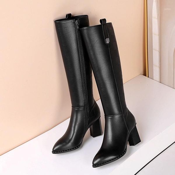 

boots 2021 shoes women motorcycle pointed toe autumn knee-high square high heels thigh size 34-421, Black