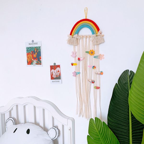 

woven rainbow hair bows kids girls storage belt handmade hair clip hanger organizer hairband scrunchy holder hair accessories y200710, Slivery;white