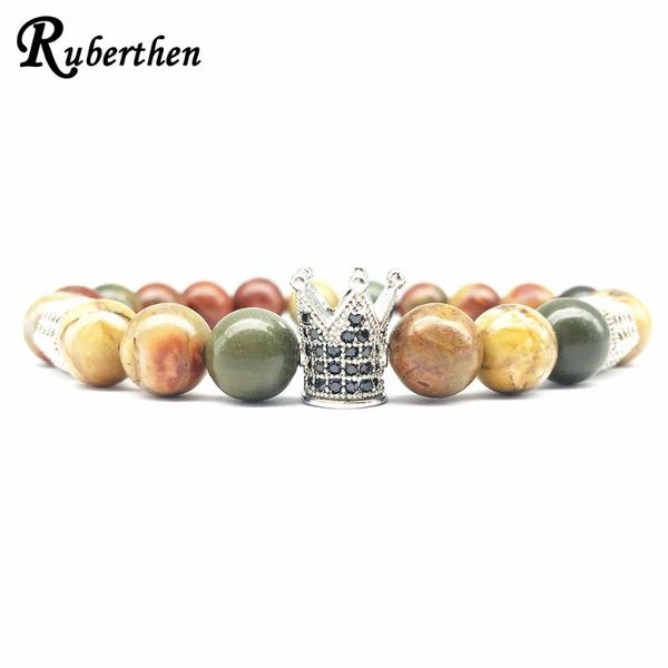 

ruberthen men`s 2020 crown charm energy bracelet natural picasso jaspers bracelet vintage design men`s balance powerful jewelry, Black