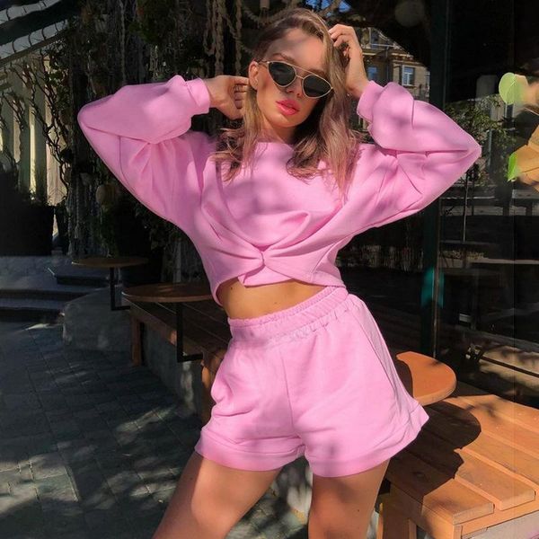 

sports daily casual solid autumn two piece set women o neck long sleeve button crop stretchy high waist shorts street, Gray