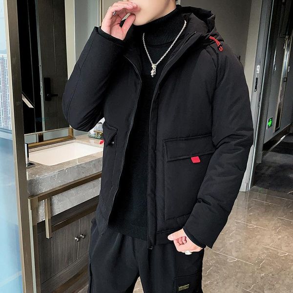 

2020 autumn and winter new style men korean-style casual cotton-padded clothes youth solid color hooded cotton coat thick warm c, Black
