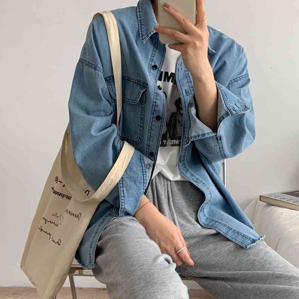 

women's blouses & shirts spring and autumn women's casual solid color lapel long-sleeved pocket denim shirt 0fsq, White