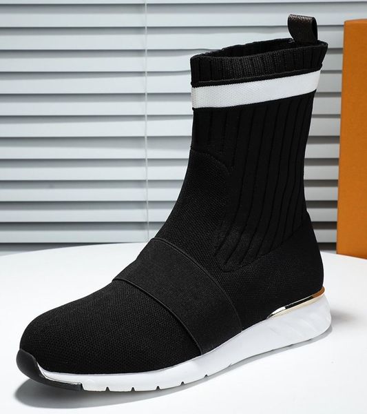 

women black stretch textile slip-on sneaker boots designer lady star trail sock-like upper letter strap casual ankle booties