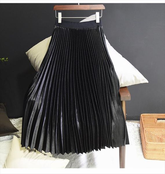 

2020 two layer autumn winter women satin skirt long pleated skirts womens saias midi faldas vintage women midi skirt black white