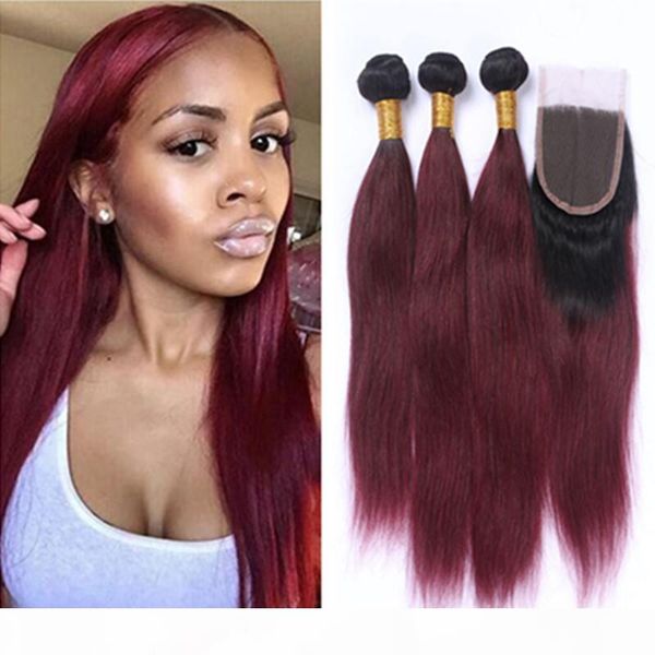 

ombre straight wine red hair 3 bundles with lace closure middle part ombre #1b 99j burgundy hair weaves with closure, Black