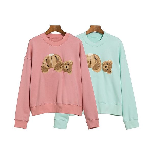 

trendy brand flocking teddy bear towel embroidery crew neck pullover sweatshirt pink green trendy mens and womens casual sweatshirt, Black