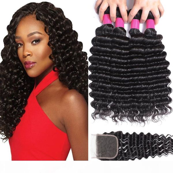 

9a remy brazilian virgin hair bundles with closures 4x4 lace closure deep wave loose curly water wave straight human hair wefts with closure, Black;brown