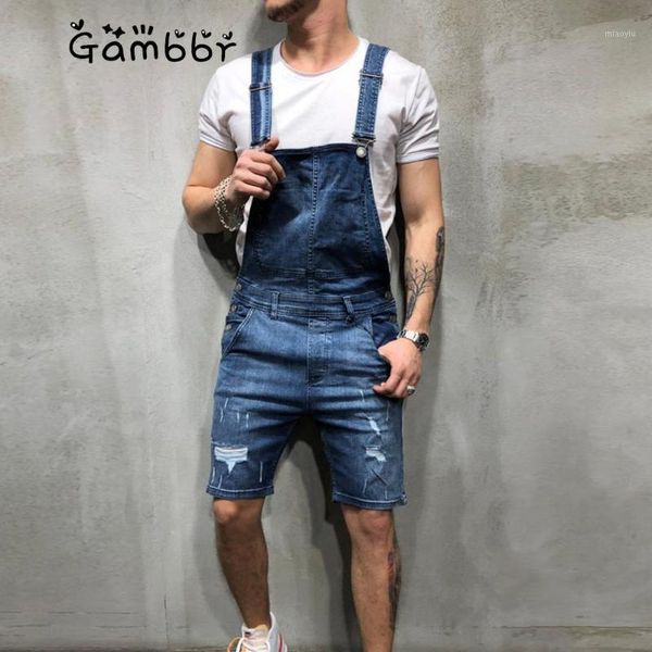 

2020 men casual summer denim bib pants overalls for male playsuit knee length hole ripped jeans loose fashion shorts jumpsuits1, Blue