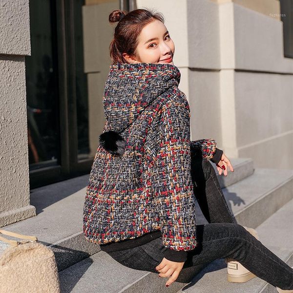 

plaid weaving hoodie womens 2020 new autumn winter thick warm korean-style college loose-fit hooded coat /401, Black