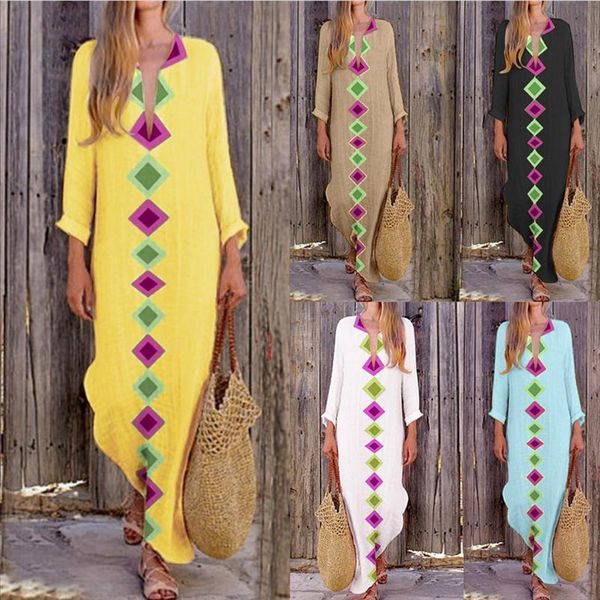 

women print v neck side slit bohemian dresses shift boho maxi dresswomens fashion stitching print dress, Black;gray