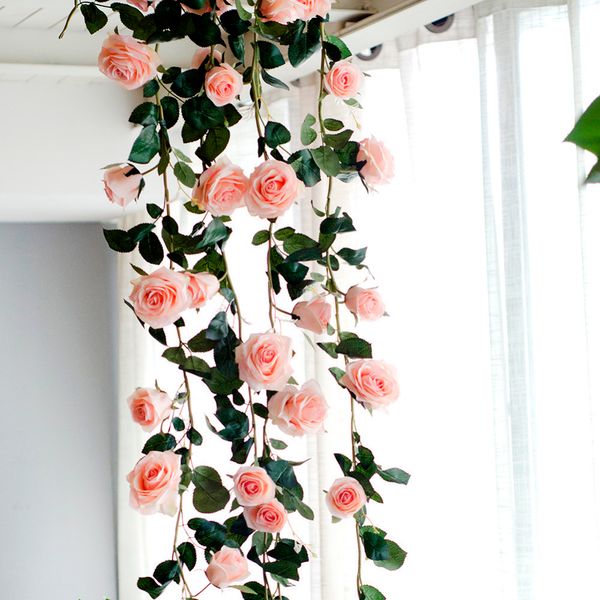 180 centimetri artificiale della rosa del fiore della vite di nozze decorativi Real Touch fiori di seta con foglie verdi per la casa appesa ghirlanda Decor Y200104