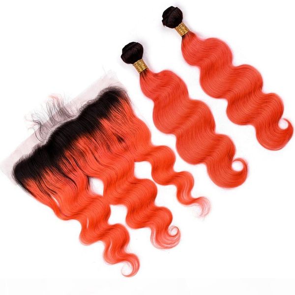 

#1b orange ombre body wave human hair 2bundles with frontal closure ombre orange brazilian human hair weave bundles with 13x4 lace frontal, Black;brown