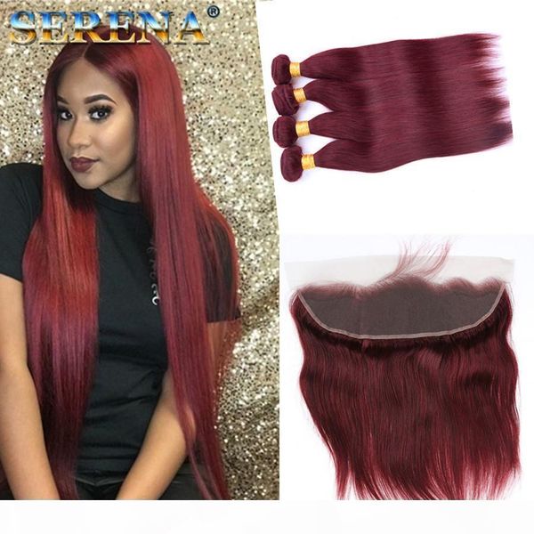 

brazilian burgundy hair with lace frontal closure 13x4 red silk straight #99j wine red human hair bundles with ear to ear full frontals, Black;brown