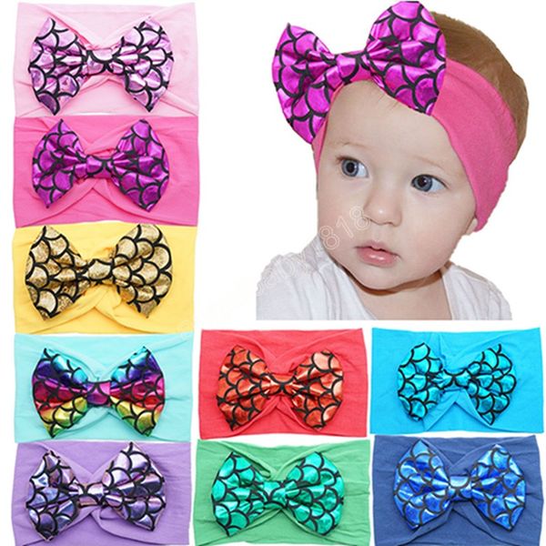 

10*7 cm fashion soft nylon elastic headband colorful fish scale pattern bows toddler hairband cute bowknot headwear p props, Slivery;white