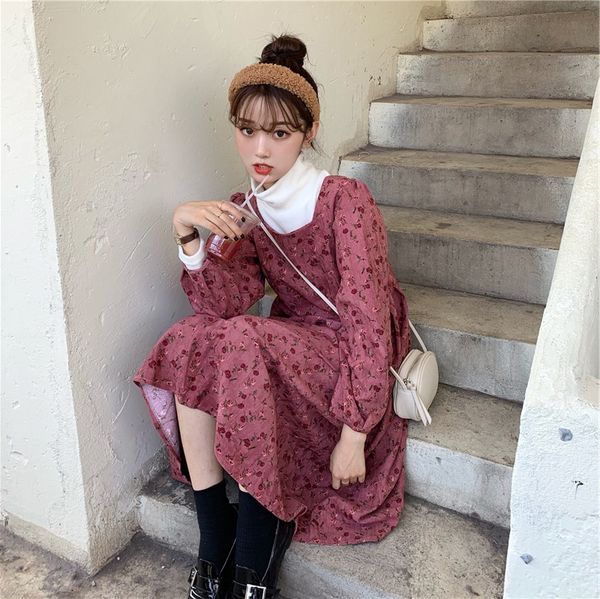 

новая осень 2020 корейской версии сладкий девушка fengsen показывает платье тонкий темперамент и цветочные квадратный воротник платья zg5a1, Black;gray