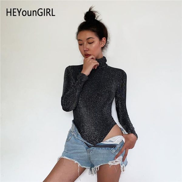 

heyoungirl glitter long sleeve turtleneck bodysuit women black basic casual bodycon jumpsuit ladies autumn winter bodies ladies, Black;white