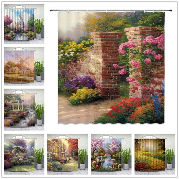 

retro oil painting courtyard landscape shower curtains garden house bathroom decor waterproof polyester fabric curtain set1