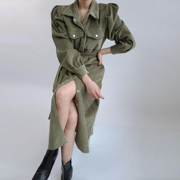 

casual dresses women vintage corduroy elegant midi solid long sleeve winter spring holiday a-line shirt dress autumn, Black;gray
