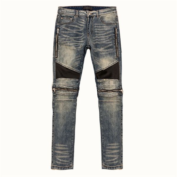 

mens jeans black cow ripped hol distrsed leather european and american trendy brand high street motorcycle zipper, Blue