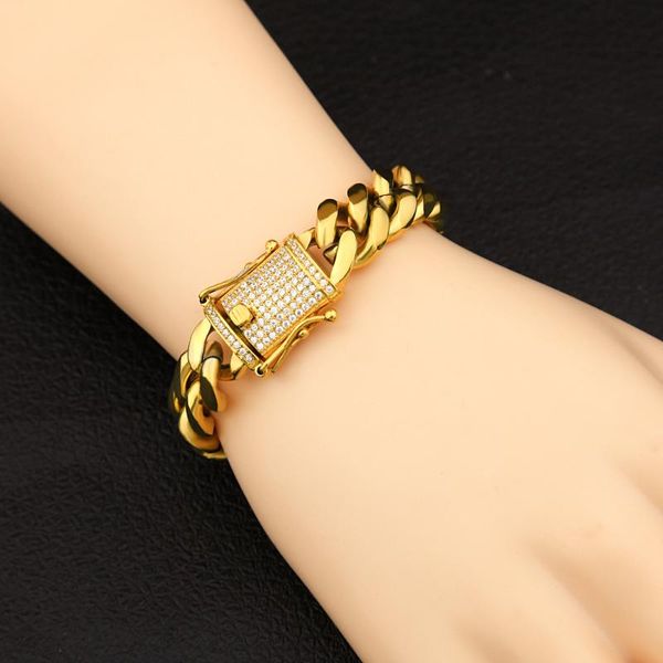 

link, chain 12mm/14mm cz stainless steel cuban link bracelet gold silver color plated micro paved mens miami bangle 7inch/8inch, Black