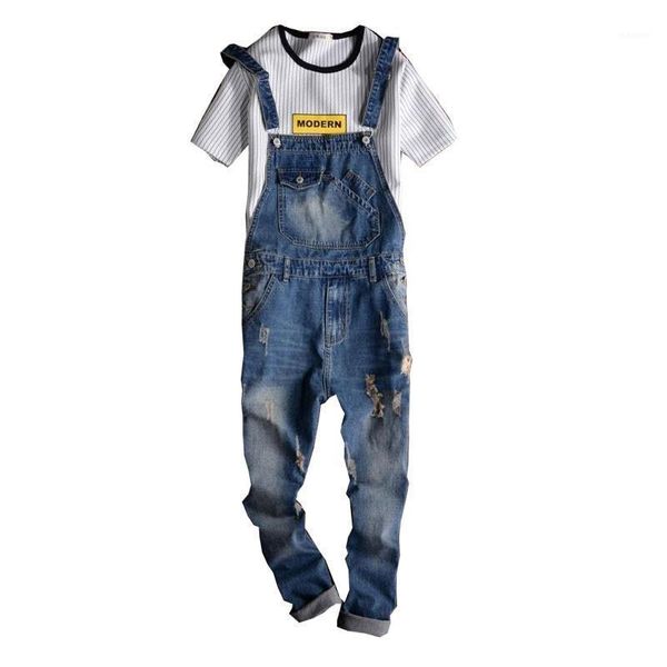 

new male suspenders new casual light blue denim overalls ripped jeans pockets men's bib jeans boyfriend jumpsuits size 4xl 5xl1
