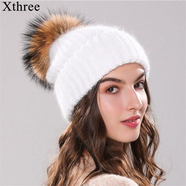 

beanie/skull caps xthree 70% angola fur knitted hat with real pom skullie beanie winter for women girl 's female cap, Blue;gray