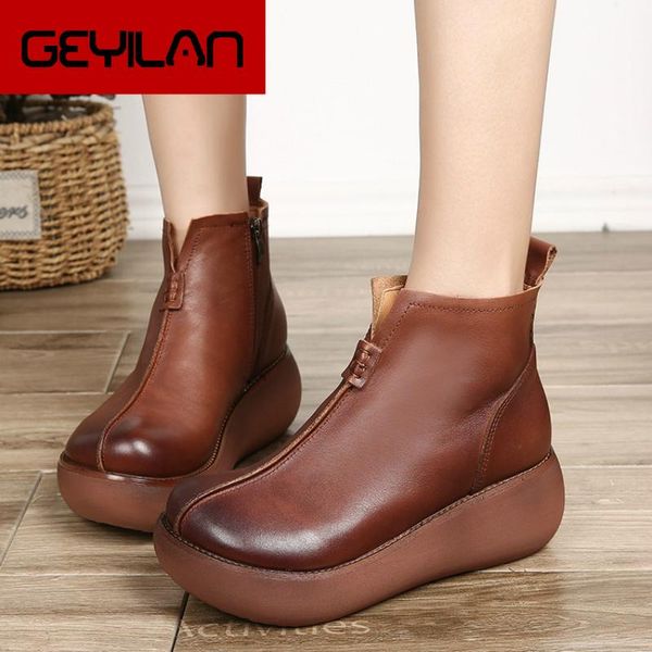 

2020 autumn winter vintage shoes women platform boots for ladies casual ankle boots for women genuine leather shoes, Black