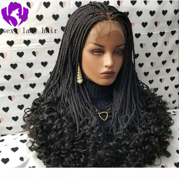 

180density full 24inches black brown burgundy box braids wig fully hand ponytail synthetic lace front goddess braids wig with curly tips