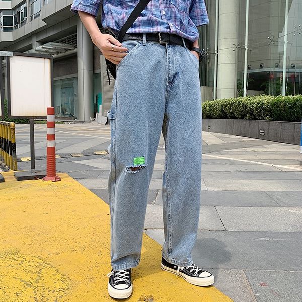

summer men's korean style fashionable tight pants and jeans wide leg loose jeans summer thin ins all-match dad pants pb97w, Blue