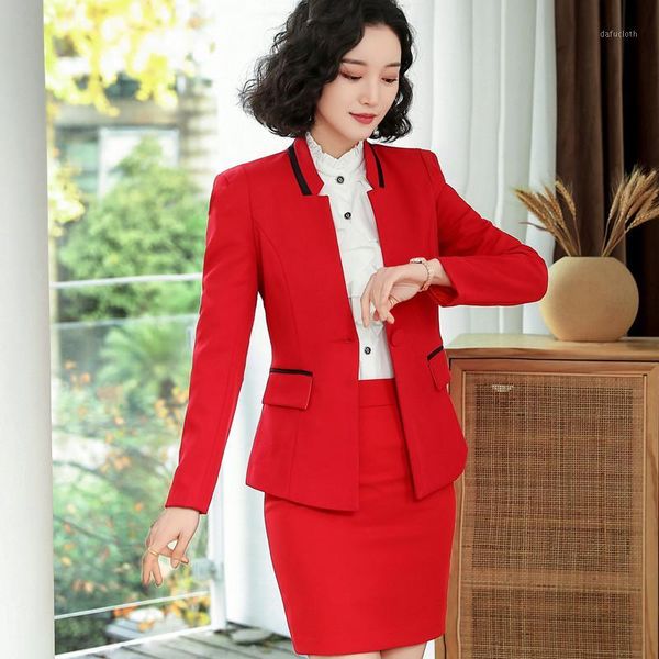 

spring new fashion women skirt suits formal temperament long sleeve slim blazer and skirt office ladies business work wear red1, White;black