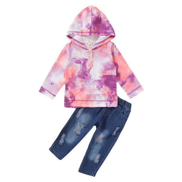 

clothing sets autumn kids girls boys tracksuits casual tie dye hooded sweatshirts holes ripped denim pants fashion children outfits 1-5years, White