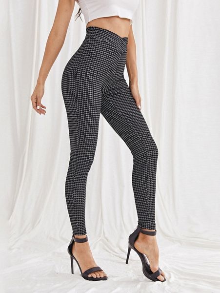 

overlap waist plaid leggings q45b#, Black