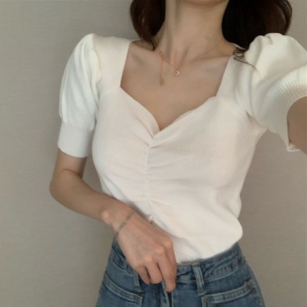 

cvxhv 2019 knitwear summer new hong kong short bubble sleeve style base knitwear v-neck short sleeve slim women's clothing atn1t, White;black