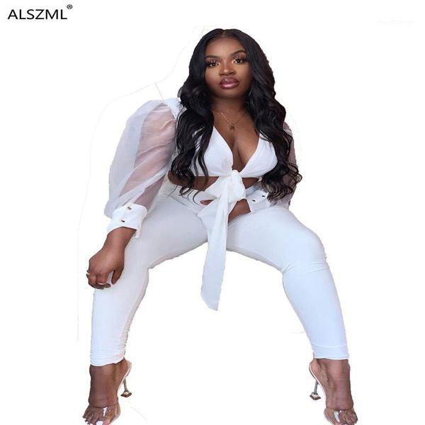 

high street office lady two piece set fashion simple design women lace-up crop tees and pencil long pants tracksuit outfit1, White