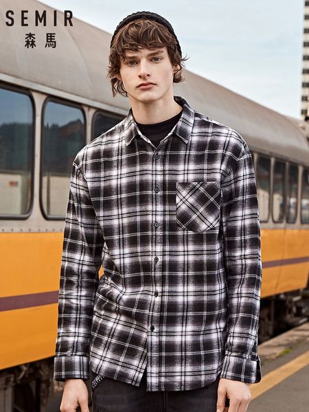 

semir men 2019 winter new black and white plaid casual fashion long sleeve shirt korean version trend retro shirts man