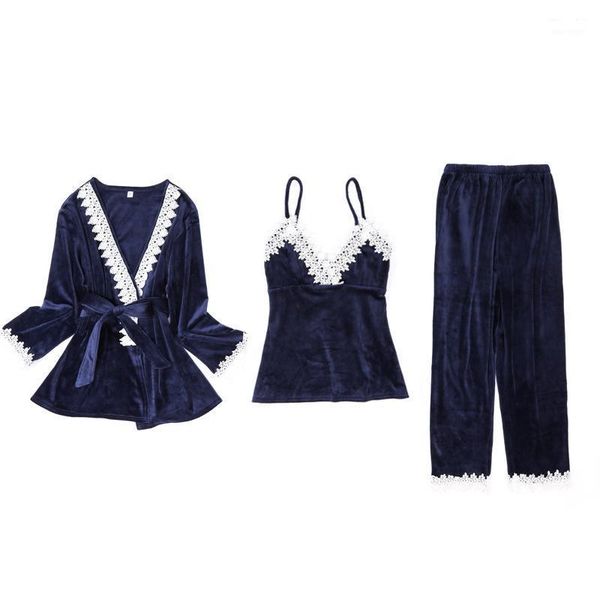 

3pcs/lot women pajamas sets velvet robe set nightgown sleepwear nightdress slings+trousers autumn winter warm homewear #f1, Black;red