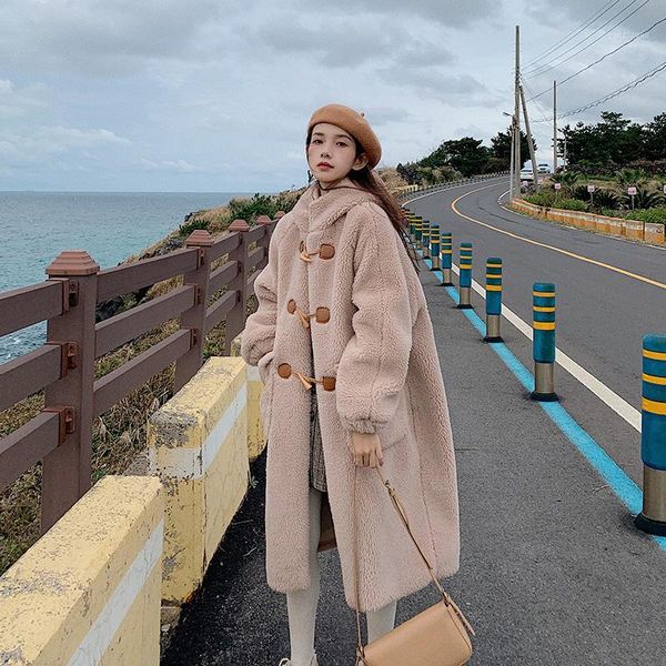

women's winter warm thicke cotton coat 2020 korean loose long sleeve hooded woolen coat long lamb winter women parkas1, Black