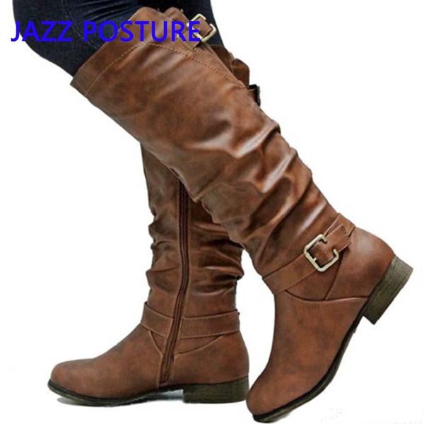 

boots women's 2021 fashion high thin section brown made of artificial leather with pleats large size 43q160, Black