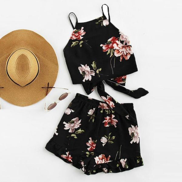 

women's summer suit set boho ruffle floral print spaghetti strap crop cami with shorts sets two piece outfit#yl101, White