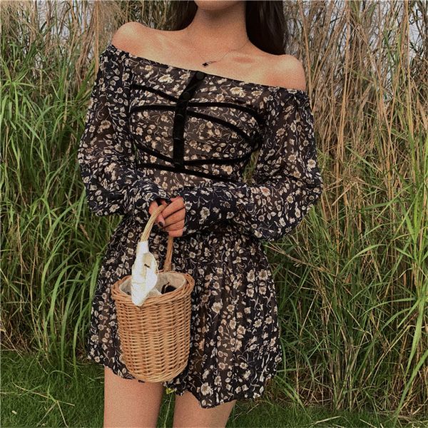 

2021 New Sexy Female Slash Neck Summer in Retro-floral Design Vacation Printed Short Mini-long Sleeve Super Mini Dress AZ00, Black;gray
