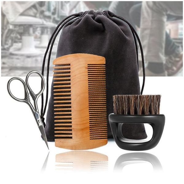 

3pcs wooden beard comb and natural bristles brush with scissors set for men c wmtvsa, Silver