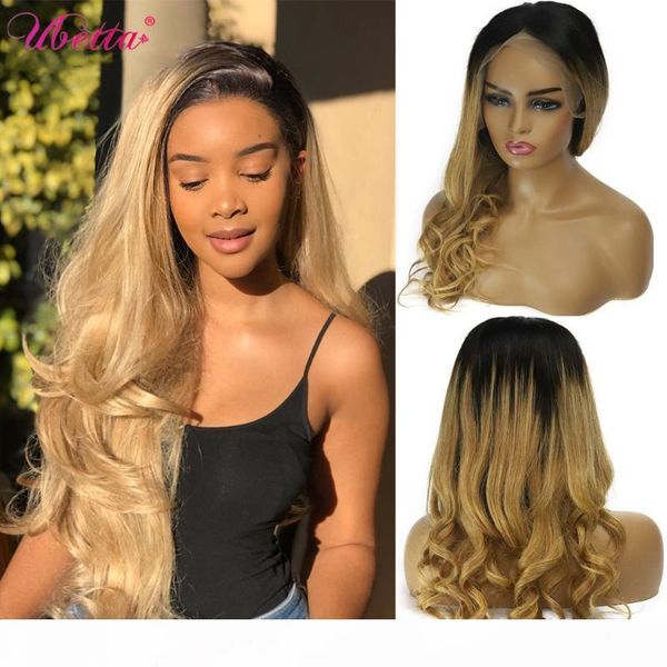 

ubetta 100% real hair wigs balayage ombre 1b27 natural wave frontal lace hair wig glueless pre plucked highlight remy, Black;brown