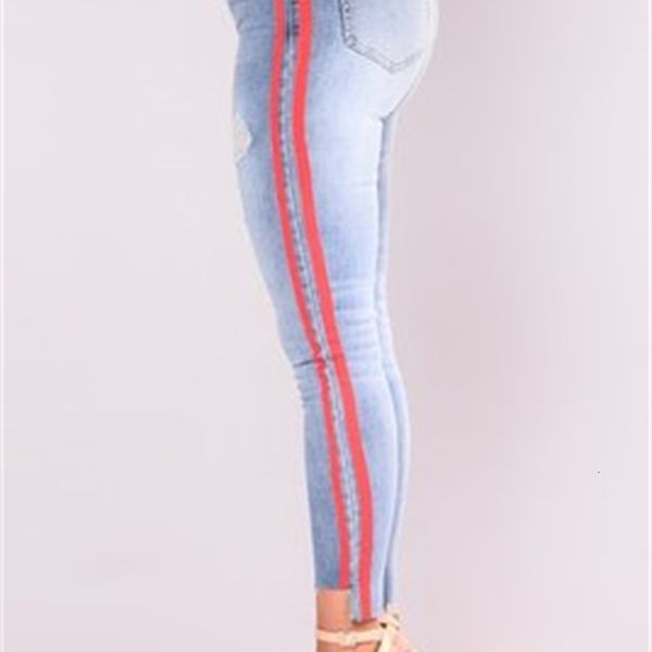 

slim high street jeans women basic classic high waist skinny pencil denim pants striped ripped hole elastic stretch jean women plus size, Blue