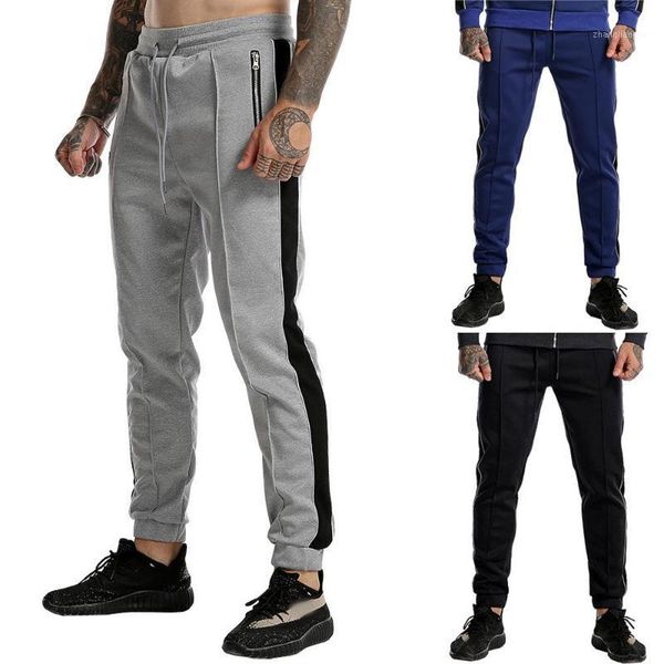 

running pants autumn colorblock sweatpants for men zips slim fitness elastic lace up waist jogger male sports long trousers1, Black;blue