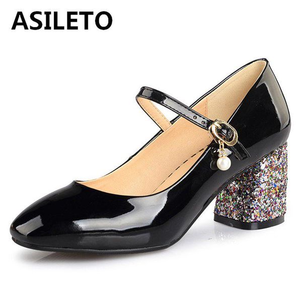 

asileto women mary janes shoes patent leather glitter pumps sequined ladies footwear thick heels buckle office wedding shoe c411, Black