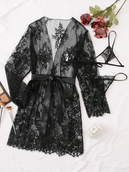 

plus floral lace lingerie set with belted robe 52wf#, Black;white