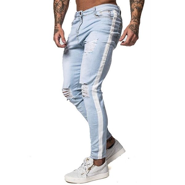 

2020 men's new hole slim trousers denim elastic ny cotton male pencil for men straight leg jeans, Blue