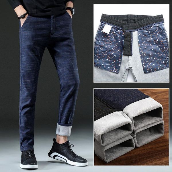 

men's winter fleece fluff thicken warm casual pants men business straight elastic thick plaid cotton black gray blue trousers 381