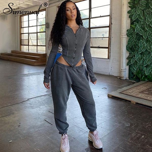 

simenual casual workout sporty two piece set for women autumn long sleeve hooded lounge wear zipper corset and pants outfits 201104, Gray