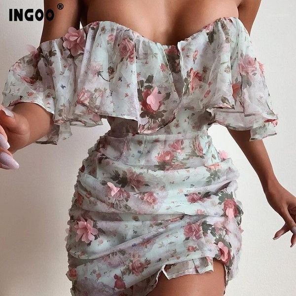 

ingoo elegant off shoulder slash neck bodycon chiffon dress women ruffles sleeve floral print short dresses party vestidos1, Black;gray